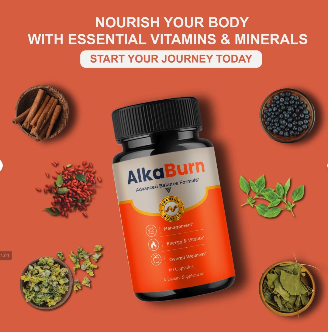 AlkaBurn bottle surrounded by cinnamon, bilberries, barberries, green tea, ginkgo and bacopa