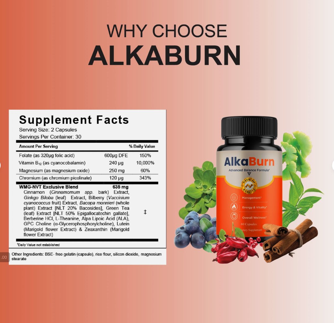 Why choose AlkaBurn: Supplement Facts panel beside the bottle with natural ingredients